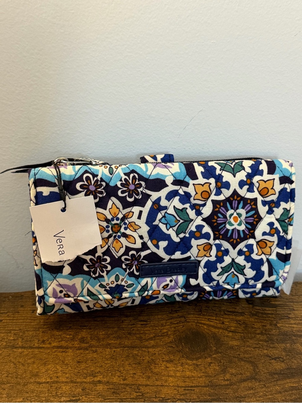 Vera Bradley Navy Teal Mustard Floral Tile Quilted Zip Wallet
